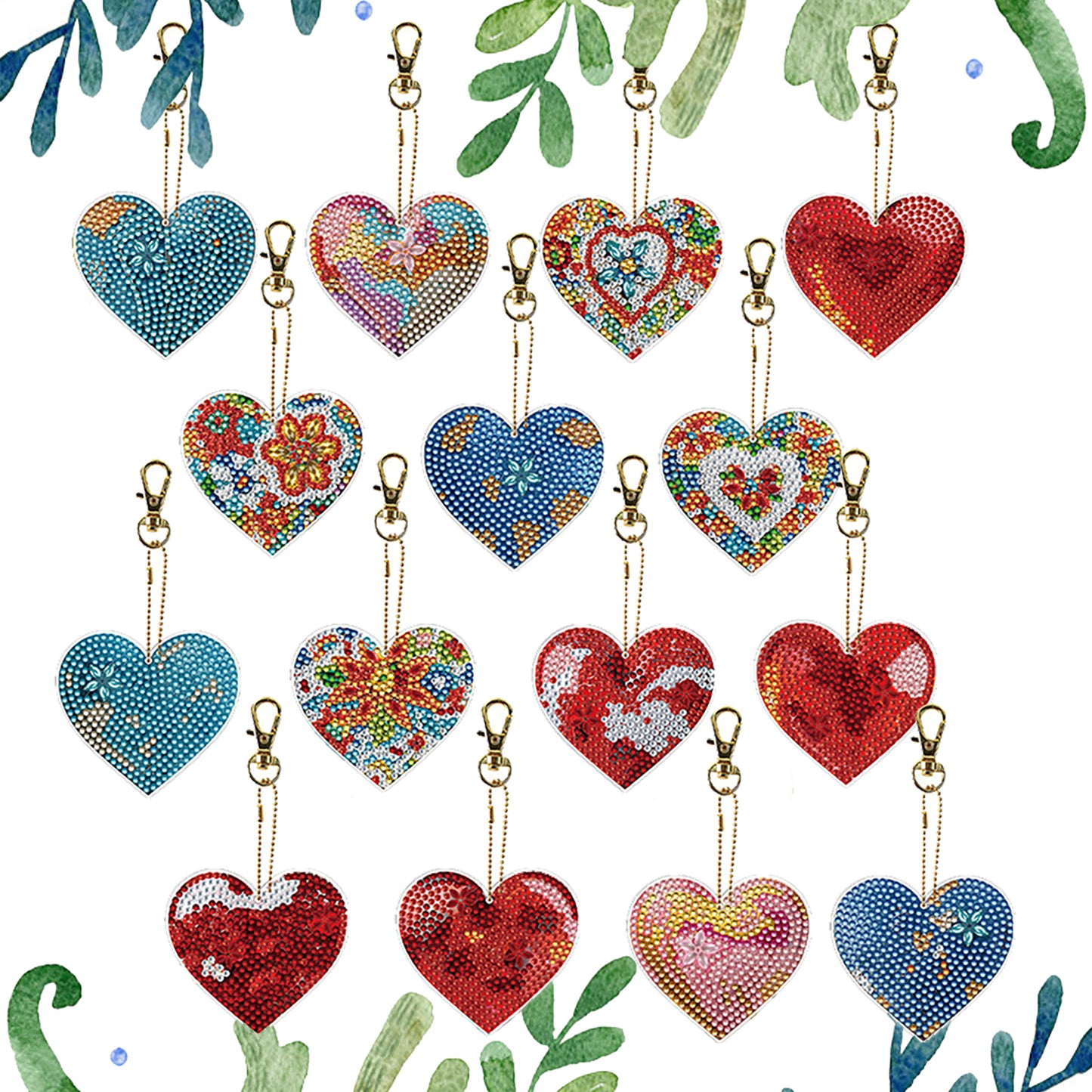 15Pcs Heart DiY Double-Sided Diamond Art Keychain Ornaments Party Crafts Decor