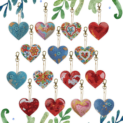 15Pcs Heart DiY Double-Sided Diamond Art Keychain Ornaments Party Crafts Decor