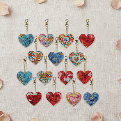 15Pcs Heart DiY Double-Sided Diamond Art Keychain Ornaments Party Crafts Decor