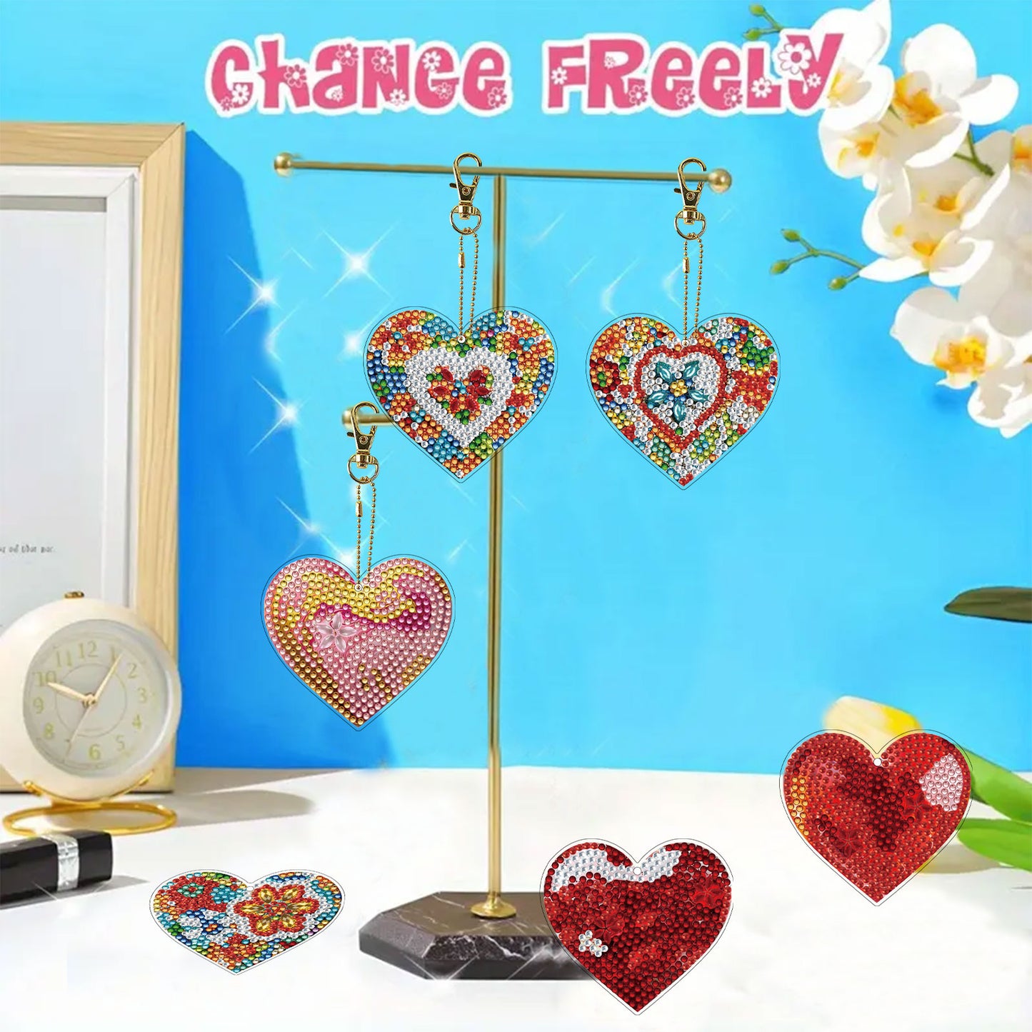 15Pcs Heart DiY Double-Sided Diamond Art Keychain Ornaments Party Crafts Decor