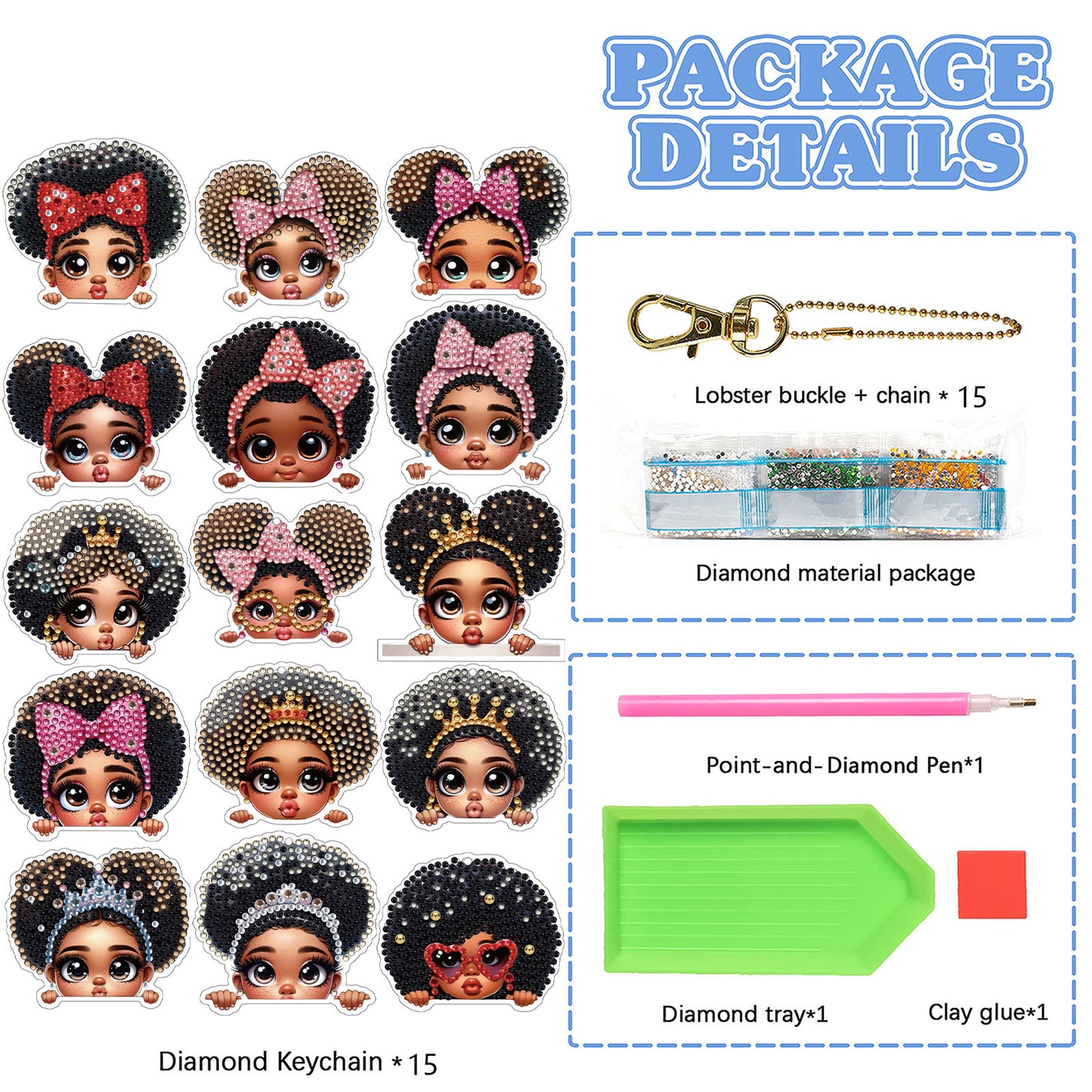 15Pcs Black Girl DiY Double-Sided Diamond Art Keychain Ornaments Party Decor