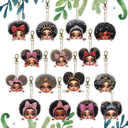 15Pcs Black Girl DiY Double-Sided Diamond Art Keychain Ornaments Party Decor