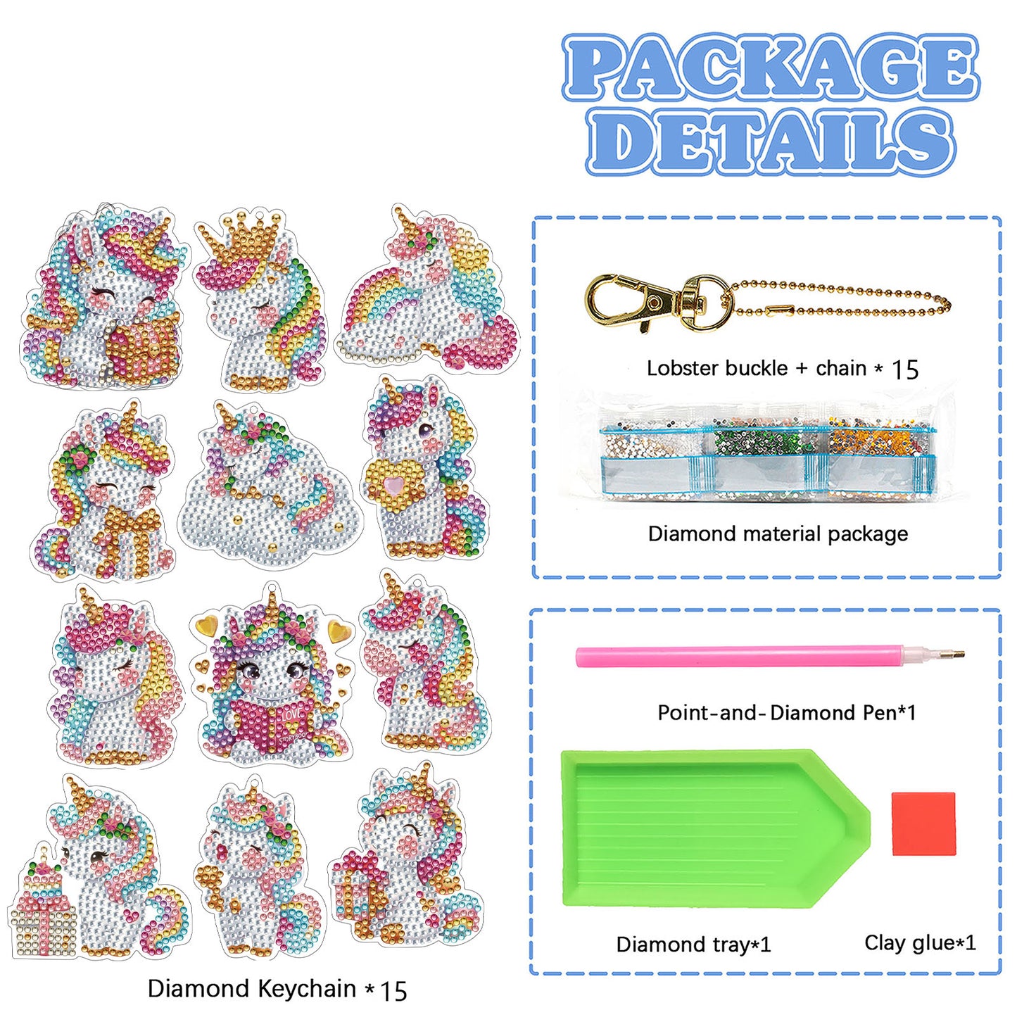 15Pcs Unicorn DiY Double-Sided Diamond Art Keychain Ornaments Party Crafts Decor