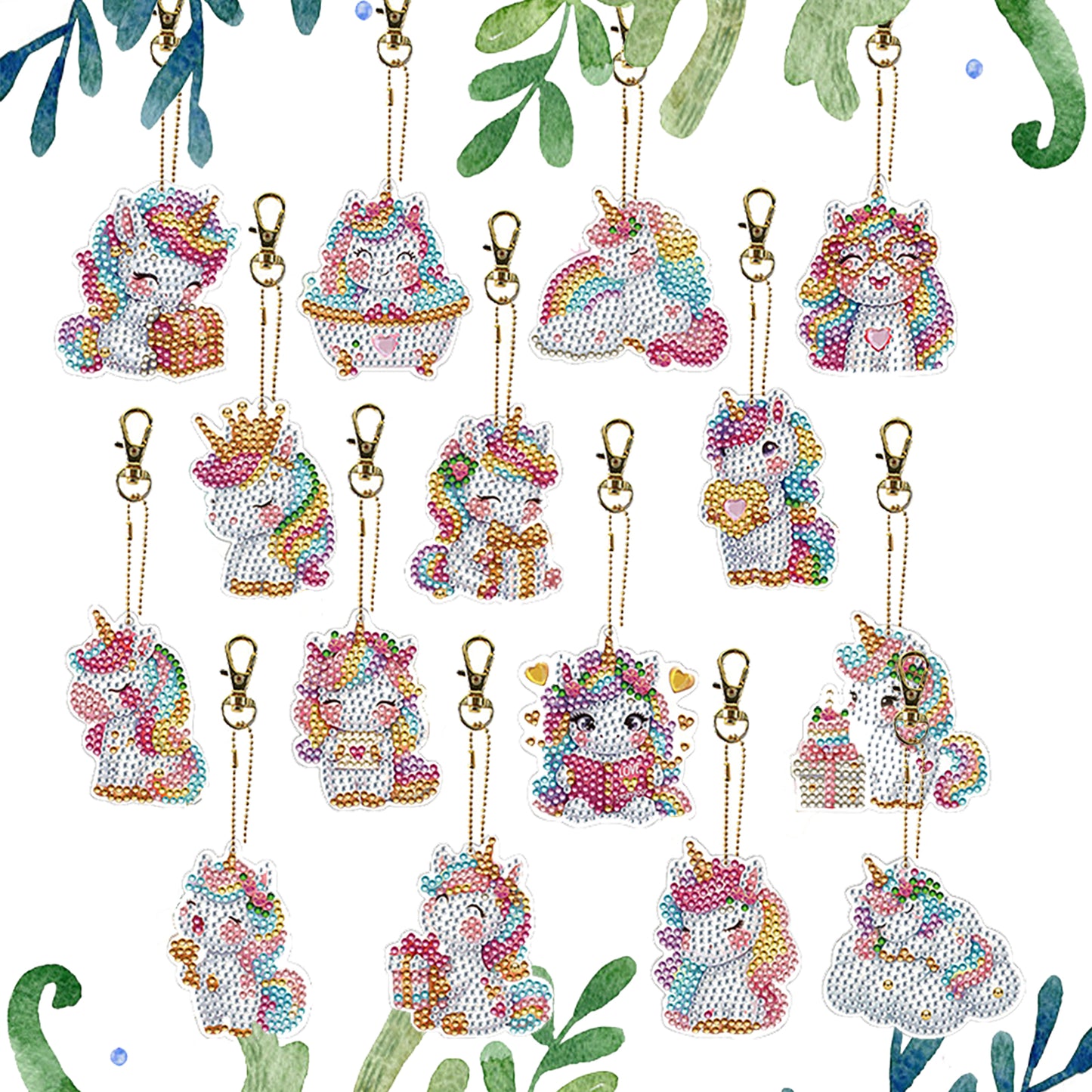 15Pcs Unicorn DiY Double-Sided Diamond Art Keychain Ornaments Party Crafts Decor