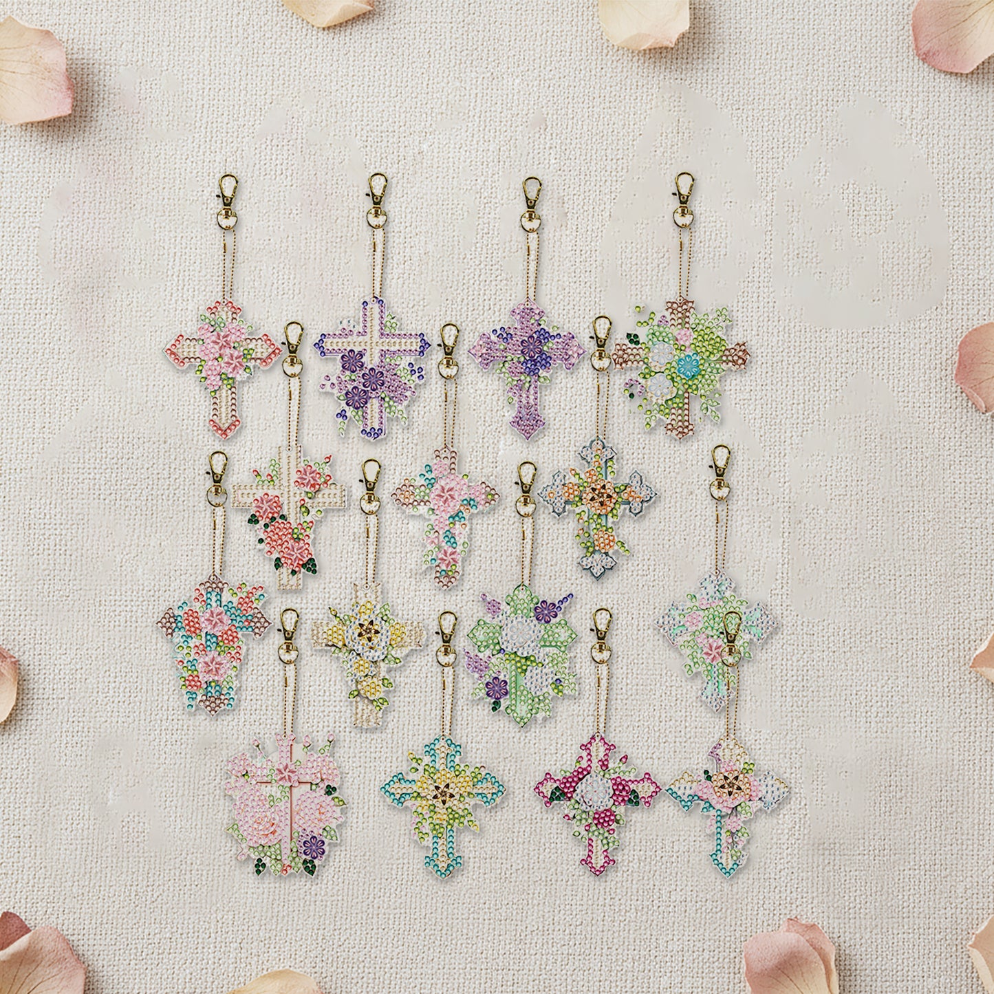 15Pcs Cross DiY Double-Sided Diamond Art Keychain Ornaments Party Crafts Decor