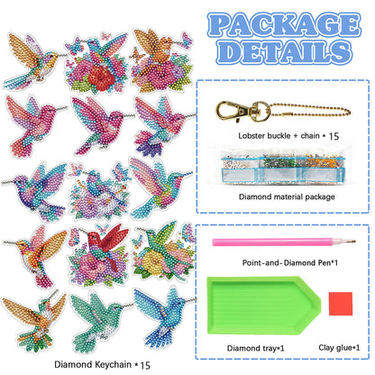 15Pcs Hummingbird DiY Double-Sided Diamond Art Keychain Ornaments Party Decor