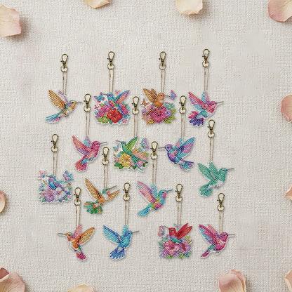 15Pcs Hummingbird DiY Double-Sided Diamond Art Keychain Ornaments Party Decor