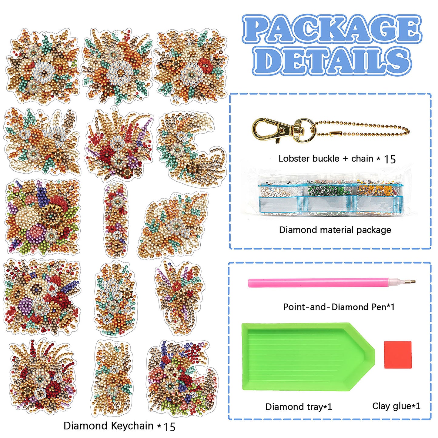 15Pcs Golden Flower DiY Double-Sided Diamond Art Keychain Ornaments Party Decor