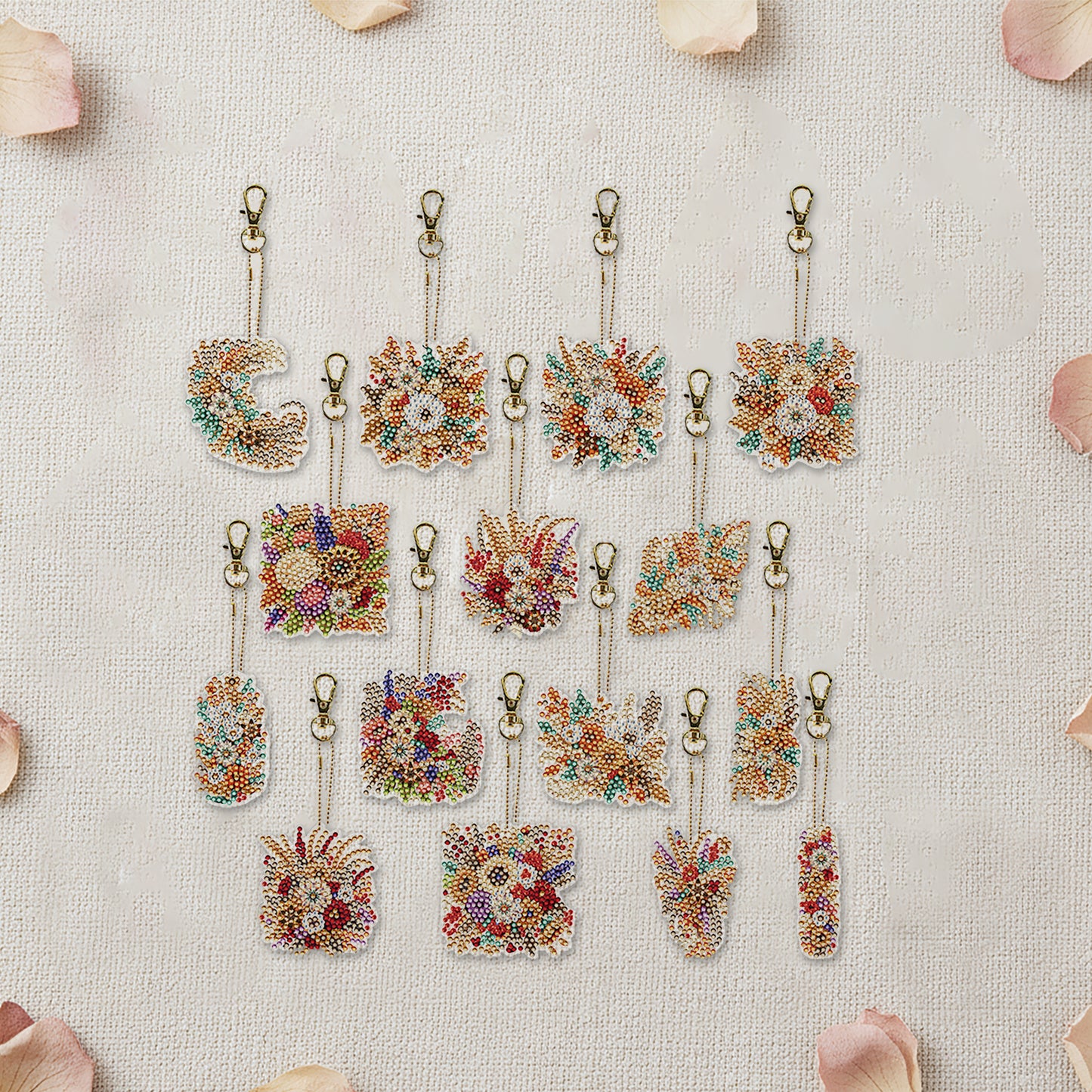 15Pcs Golden Flower DiY Double-Sided Diamond Art Keychain Ornaments Party Decor