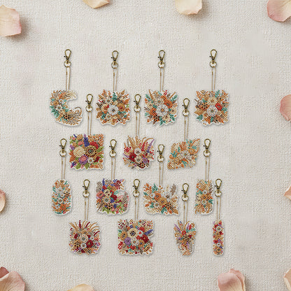 15Pcs Golden Flower DiY Double-Sided Diamond Art Keychain Ornaments Party Decor