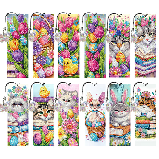 12Pcs Easter Cats DIY Diamond Art Painting Bookmark for Reading Enthusiasts