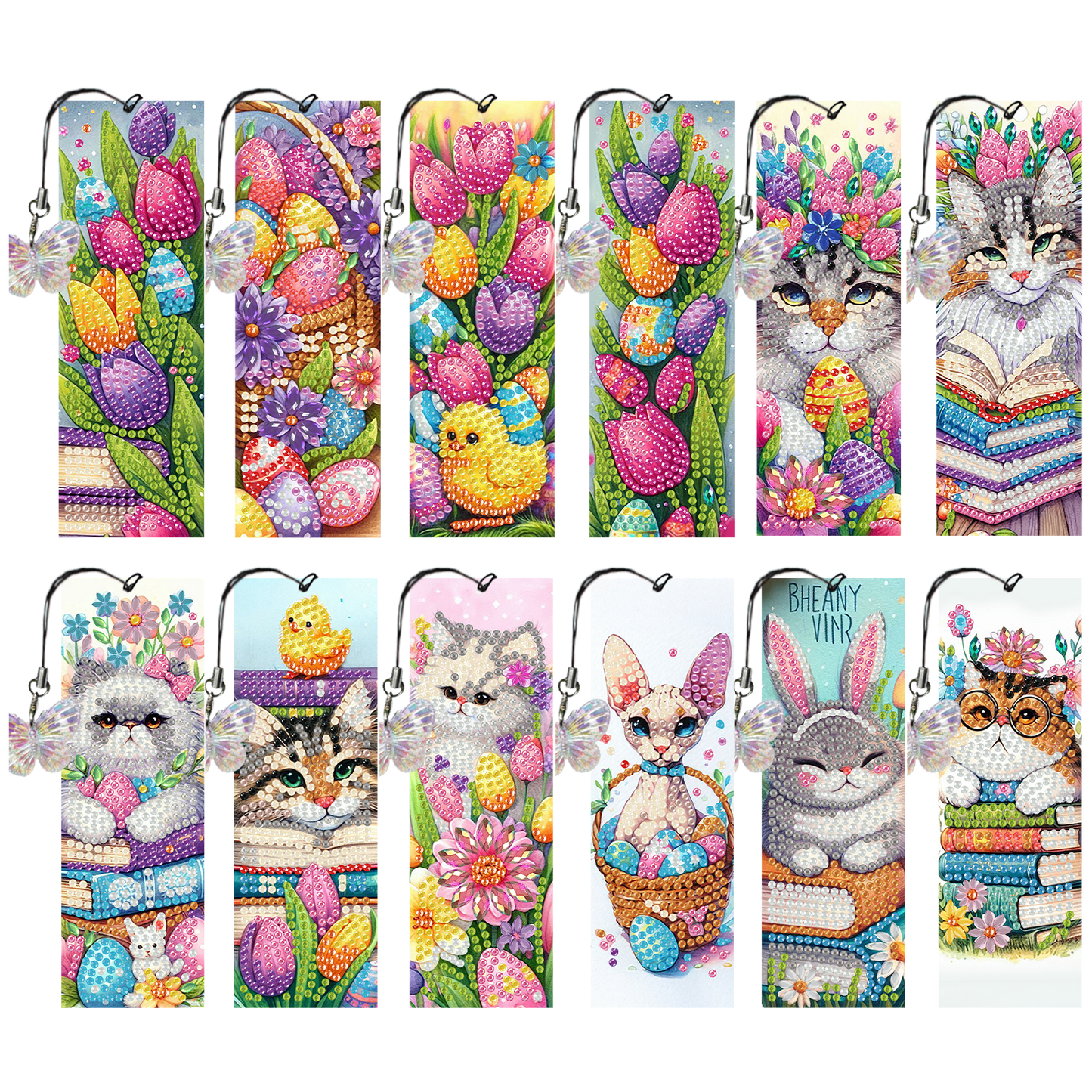 12Pcs Easter Cats DIY Diamond Art Painting Bookmark for Reading Enthusiasts