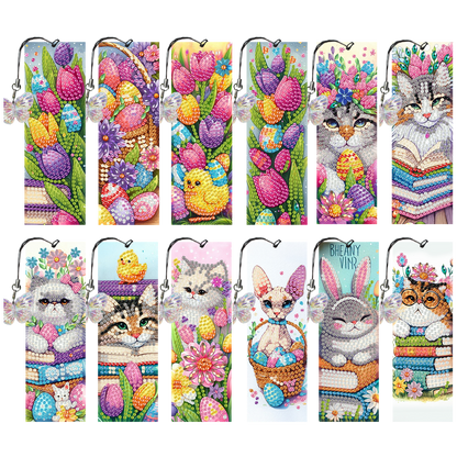 12Pcs Easter Cats DIY Diamond Art Painting Bookmark for Reading Enthusiasts