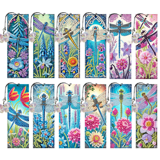 12Pcs Dragonflies Flowers DIY Diamond Art Painting Bookmark for Beginners Adult