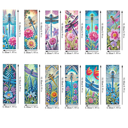 12Pcs Dragonflies Flowers DIY Diamond Art Painting Bookmark for Beginners Adult