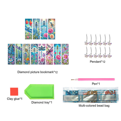 12Pcs Dragonflies Flowers DIY Diamond Art Painting Bookmark for Beginners Adult