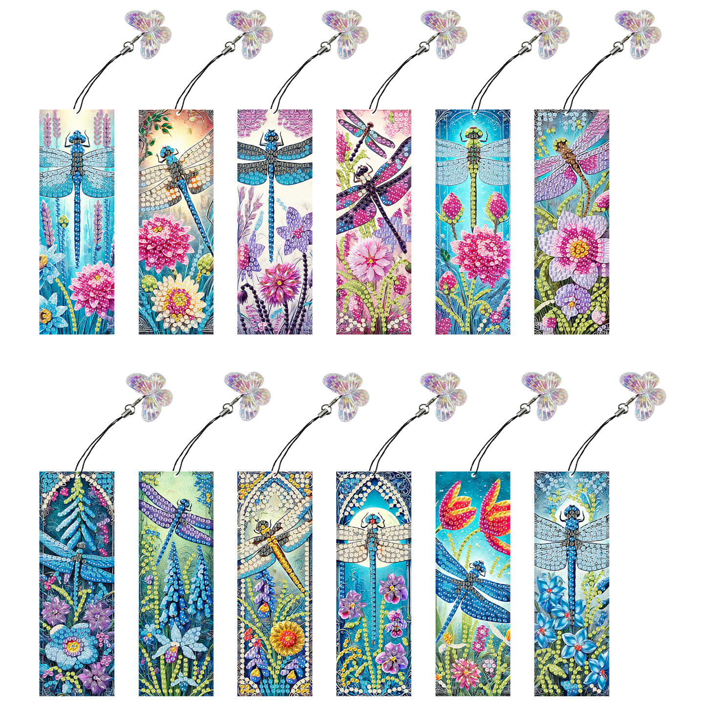 12Pcs Dragonflies Flowers DIY Diamond Art Painting Bookmark for Beginners Adult