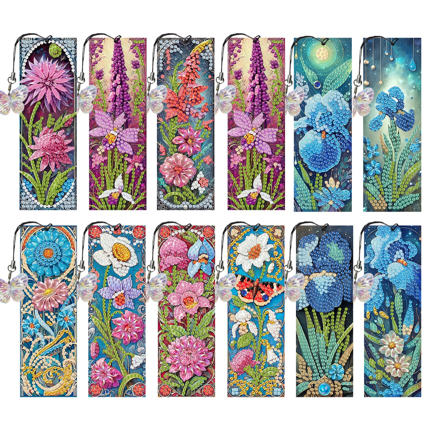 12Pcs Fresh Flowers DIY Diamond Art Painting Bookmark for Reading Enthusiasts