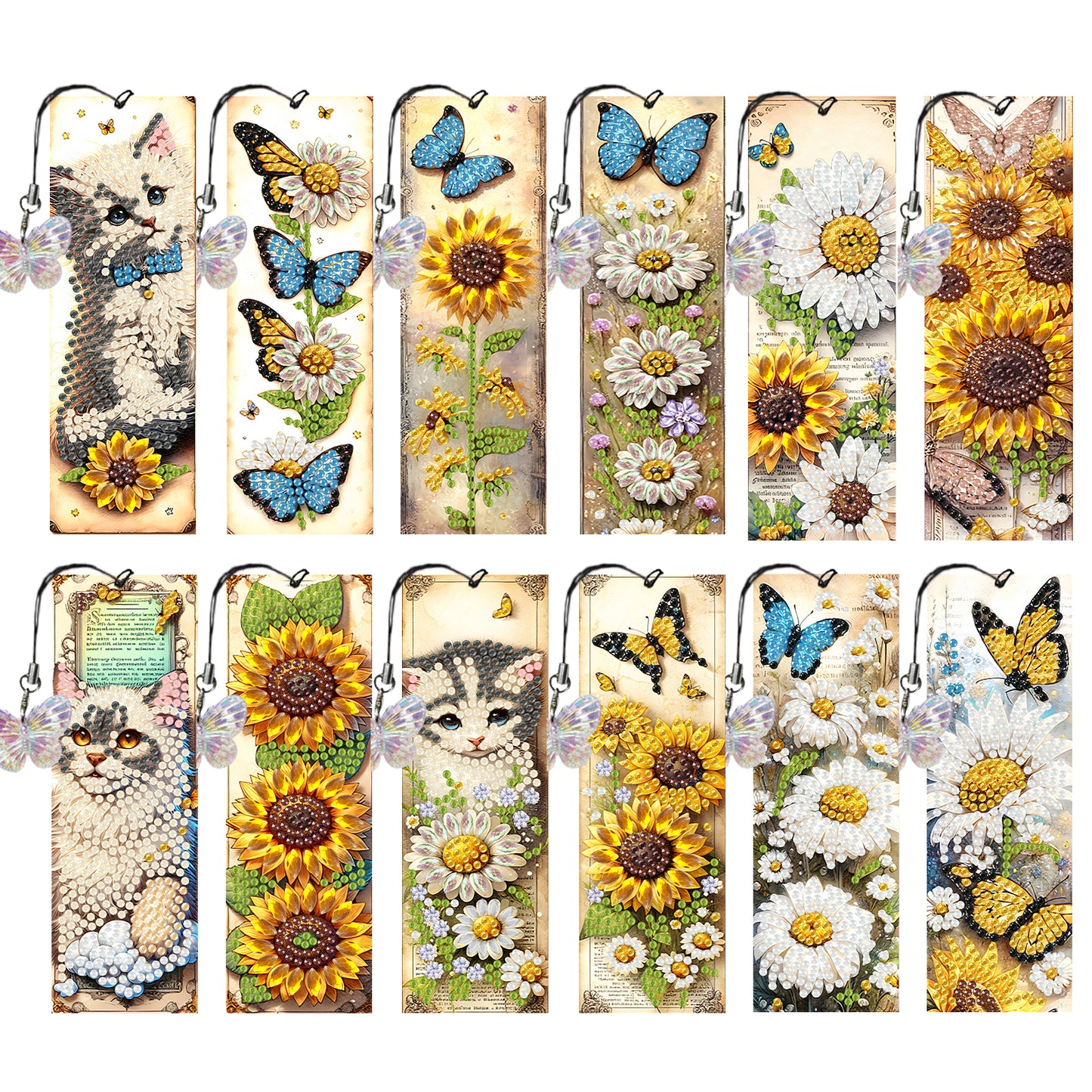 12Pcs Cats Sunflowers DIY Diamond Art Painting Bookmark for Reading Enthusiasts