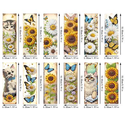 12Pcs Cats Sunflowers DIY Diamond Art Painting Bookmark for Reading Enthusiasts