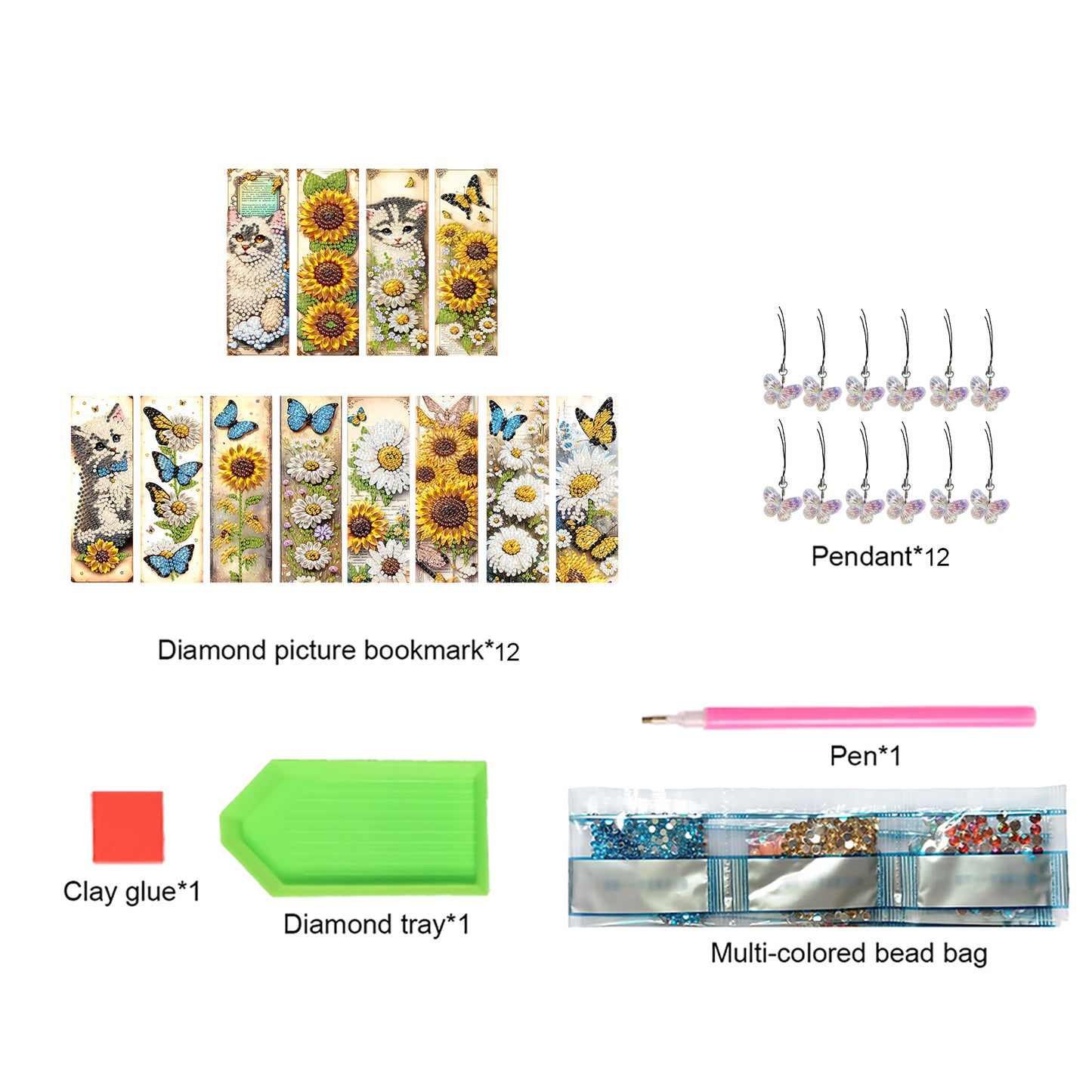 12Pcs Cats Sunflowers DIY Diamond Art Painting Bookmark for Reading Enthusiasts