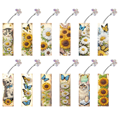 12Pcs Cats Sunflowers DIY Diamond Art Painting Bookmark for Reading Enthusiasts