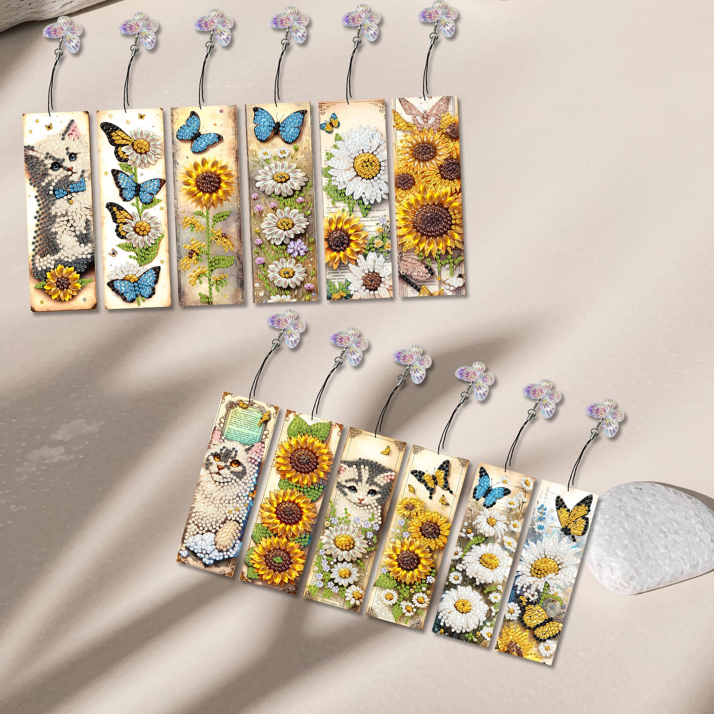 12Pcs Cats Sunflowers DIY Diamond Art Painting Bookmark for Reading Enthusiasts