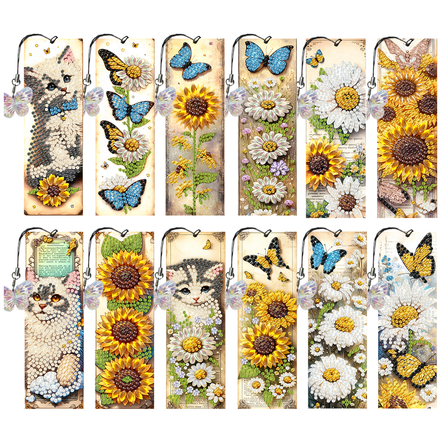 12Pcs Cats Sunflowers DIY Diamond Art Painting Bookmark for Reading Enthusiasts