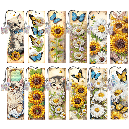 12Pcs Cats Sunflowers DIY Diamond Art Painting Bookmark for Reading Enthusiasts