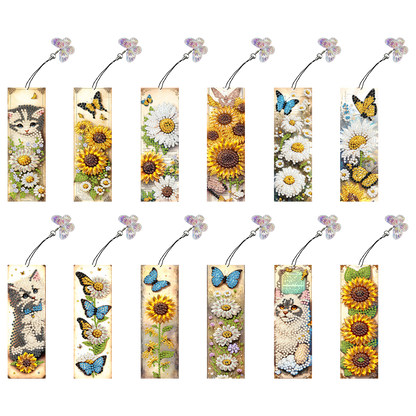 12Pcs Cats Sunflowers DIY Diamond Art Painting Bookmark for Reading Enthusiasts