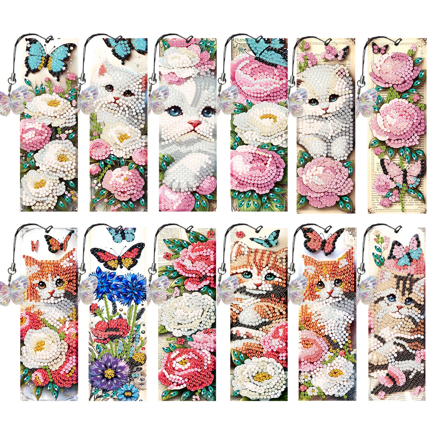 12Pcs Cats Flowers DIY Diamond Art Painting Bookmark for Reading Enthusiasts