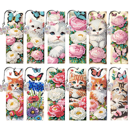 12Pcs Cats Flowers DIY Diamond Art Painting Bookmark for Reading Enthusiasts