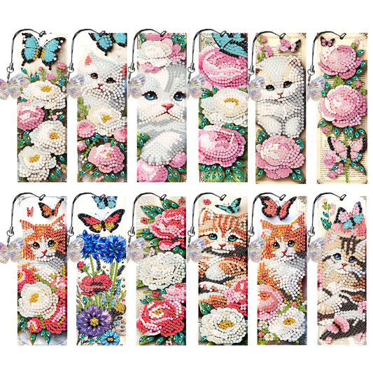 12Pcs Cats Flowers DIY Diamond Art Painting Bookmark for Reading Enthusiasts