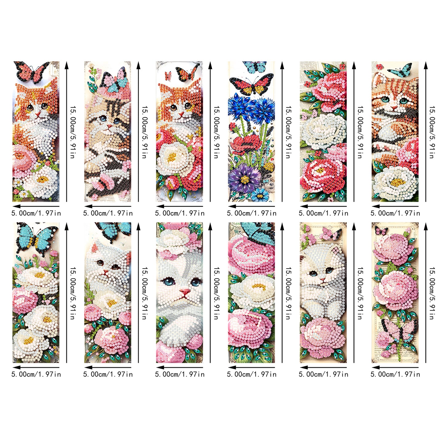 12Pcs Cats Flowers DIY Diamond Art Painting Bookmark for Reading Enthusiasts