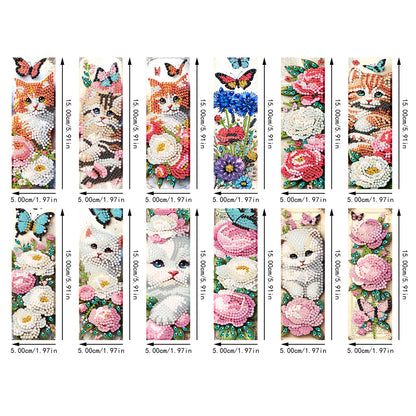 12Pcs Cats Flowers DIY Diamond Art Painting Bookmark for Reading Enthusiasts