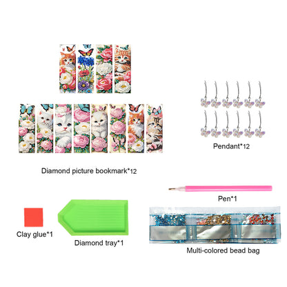 12Pcs Cats Flowers DIY Diamond Art Painting Bookmark for Reading Enthusiasts