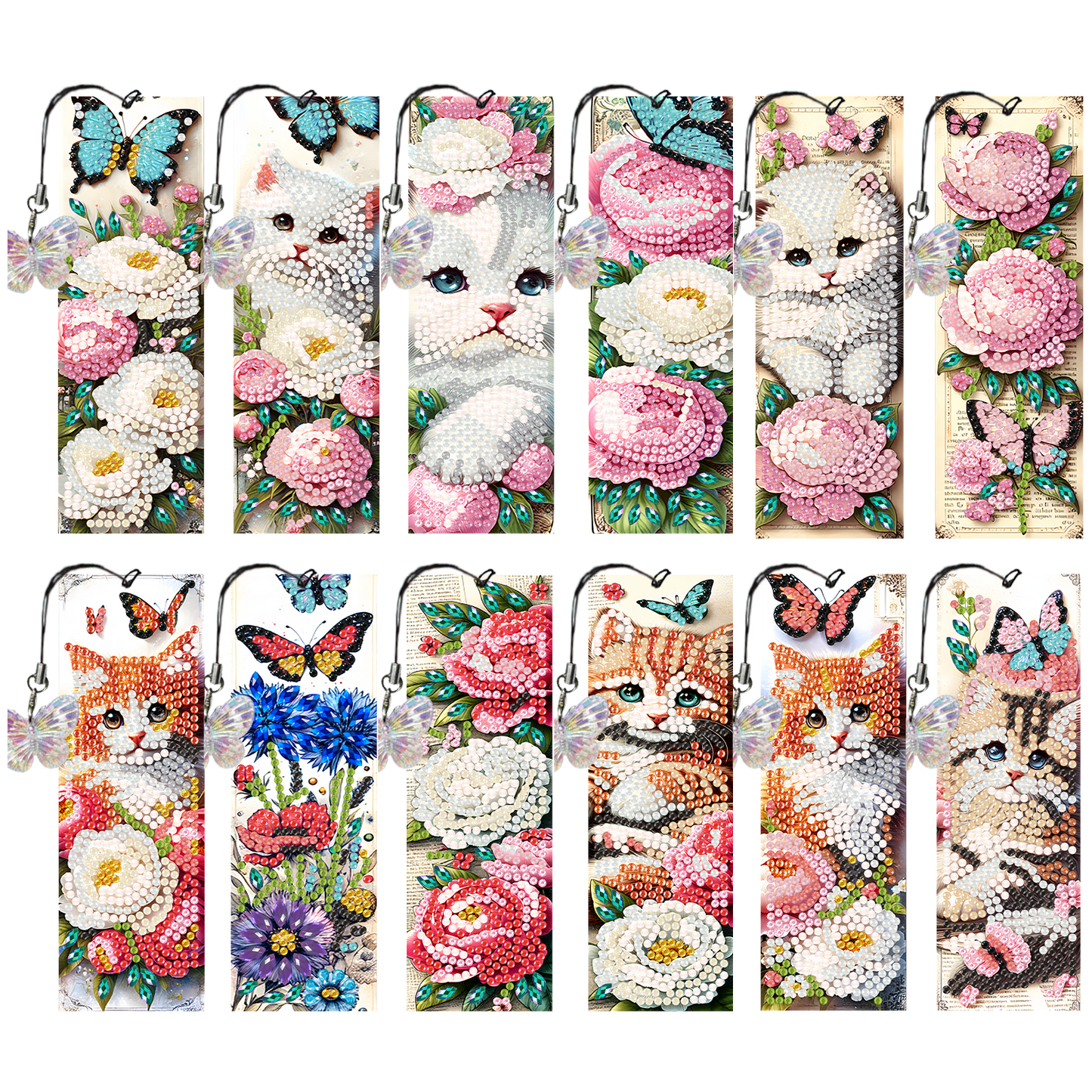 12Pcs Cats Flowers DIY Diamond Art Painting Bookmark for Reading Enthusiasts