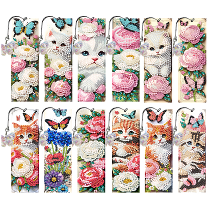 12Pcs Cats Flowers DIY Diamond Art Painting Bookmark for Reading Enthusiasts