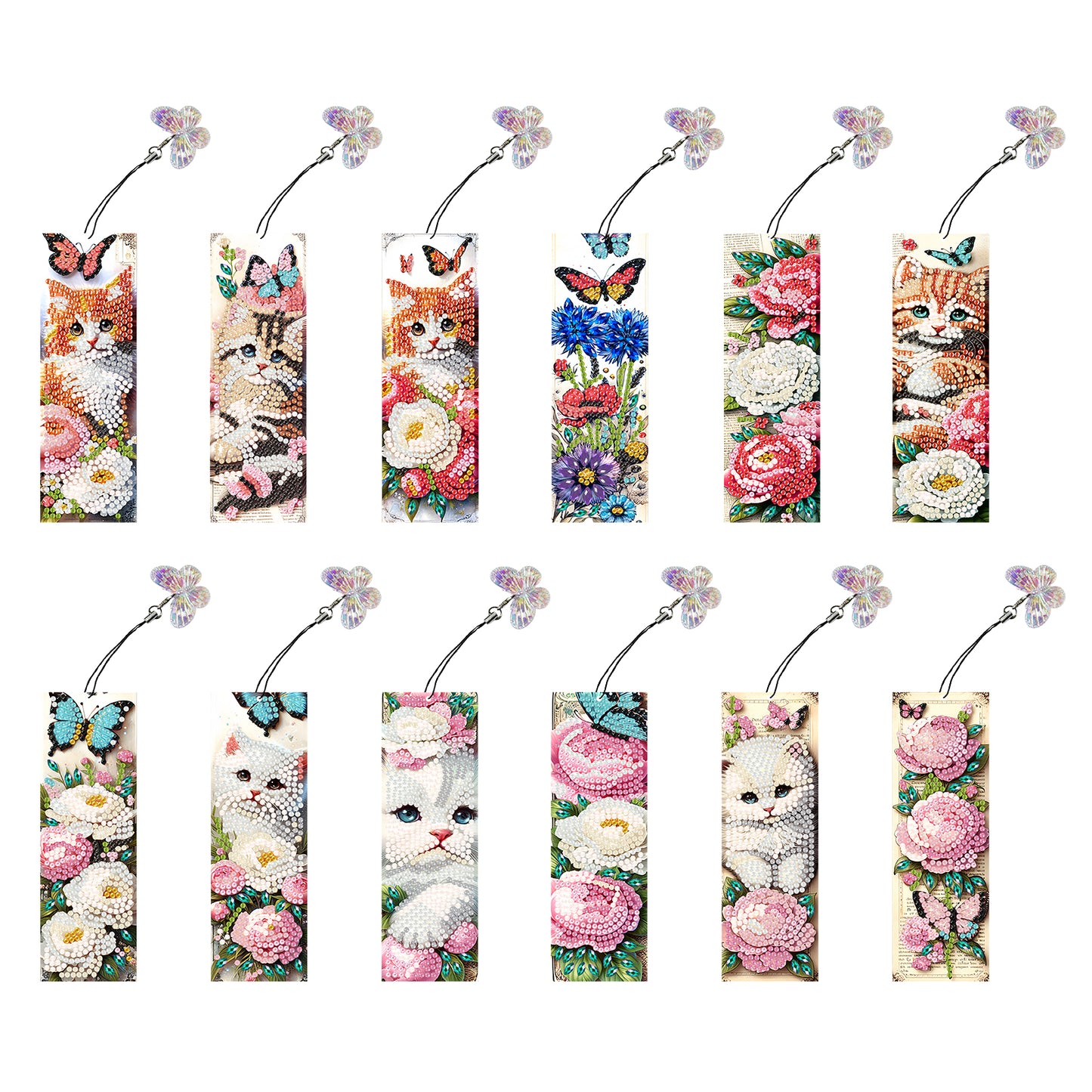 12Pcs Cats Flowers DIY Diamond Art Painting Bookmark for Reading Enthusiasts