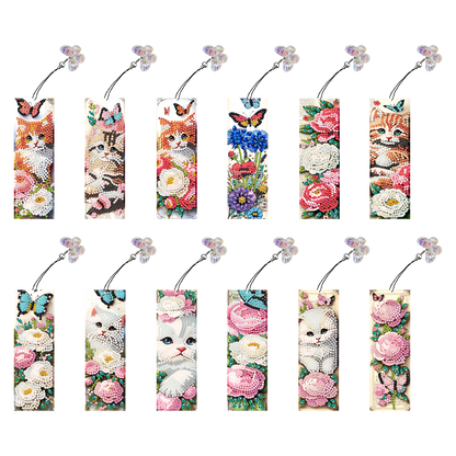 12Pcs Cats Flowers DIY Diamond Art Painting Bookmark for Reading Enthusiasts