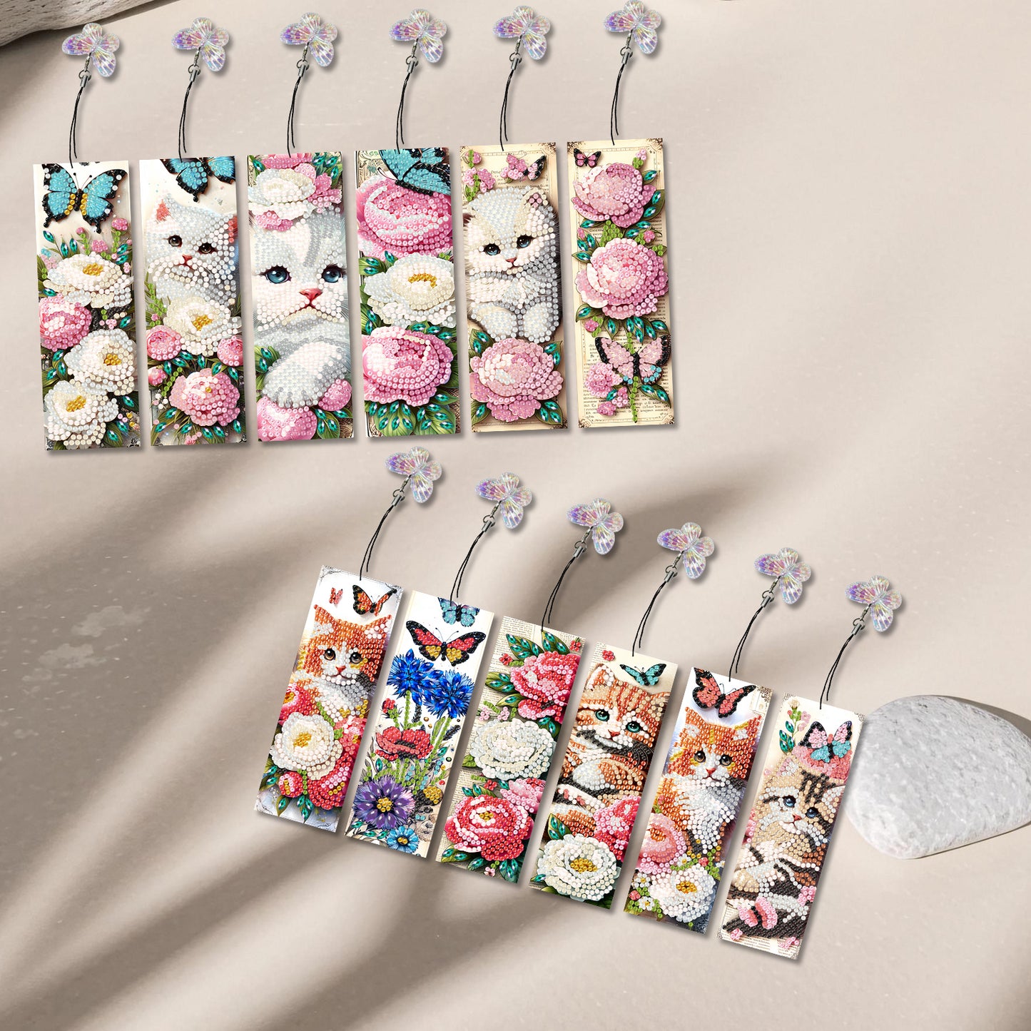 12Pcs Cats Flowers DIY Diamond Art Painting Bookmark for Reading Enthusiasts