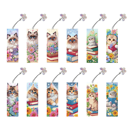 12Pcs Cats Books DIY Diamond Art Painting Bookmark for Reading Enthusiasts