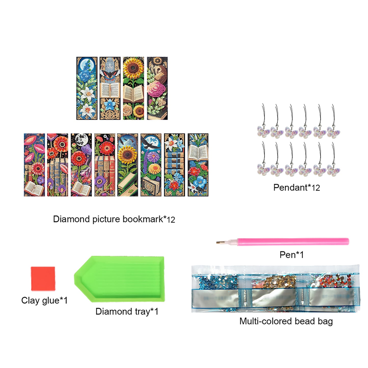 12Pcs Books Flowers DIY Diamond Art Painting Bookmark for Reading Enthusiasts