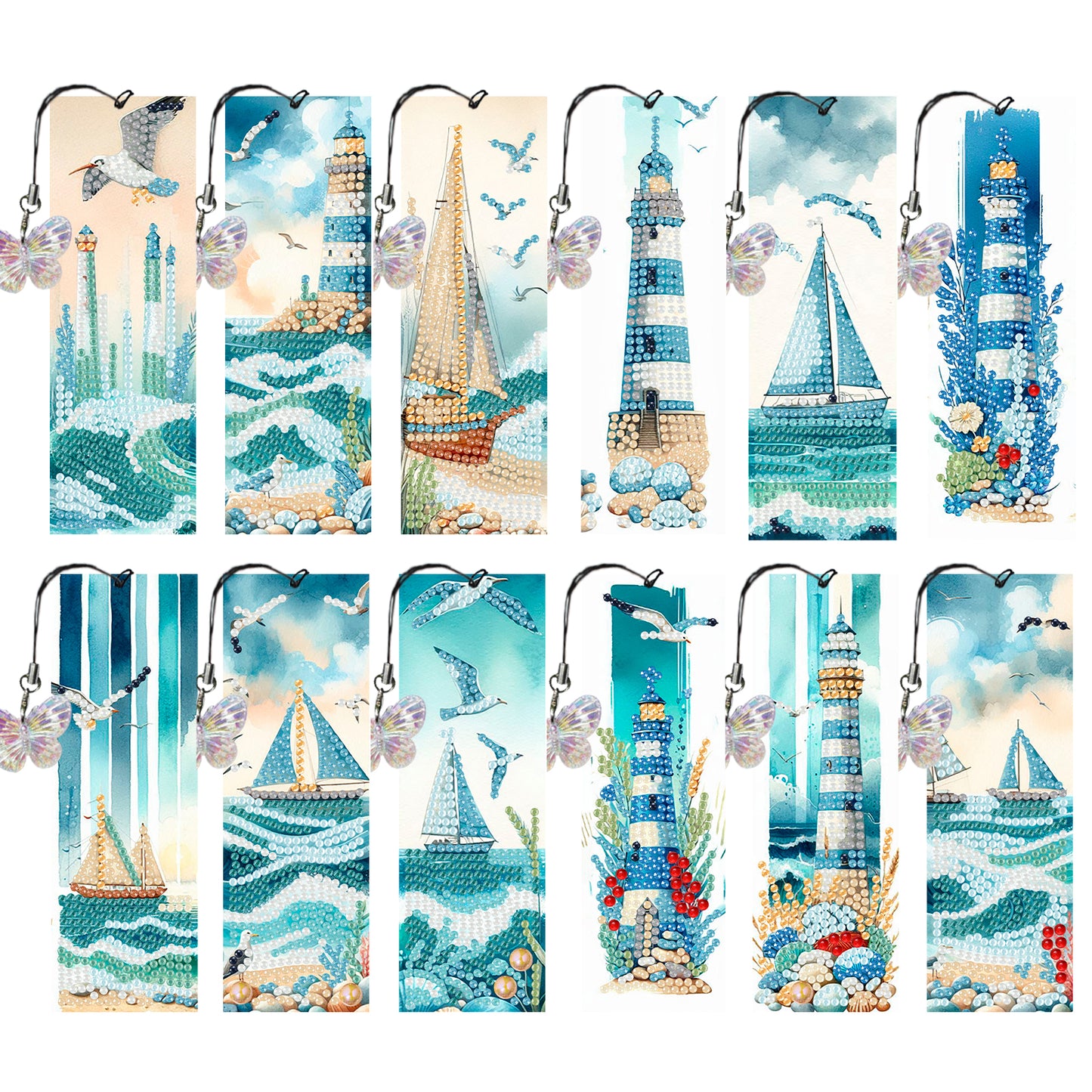 12Pcs Lighthouse Seaside Sailboat DIY Diamond Art Painting Bookmark for Beginner