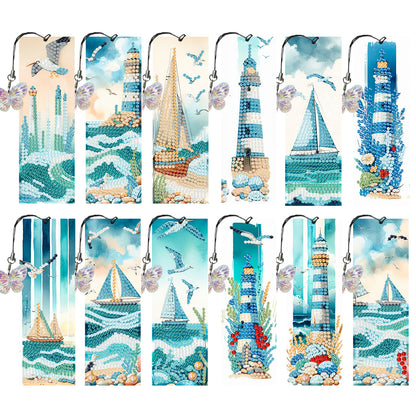 12Pcs Lighthouse Seaside Sailboat DIY Diamond Art Painting Bookmark for Beginner