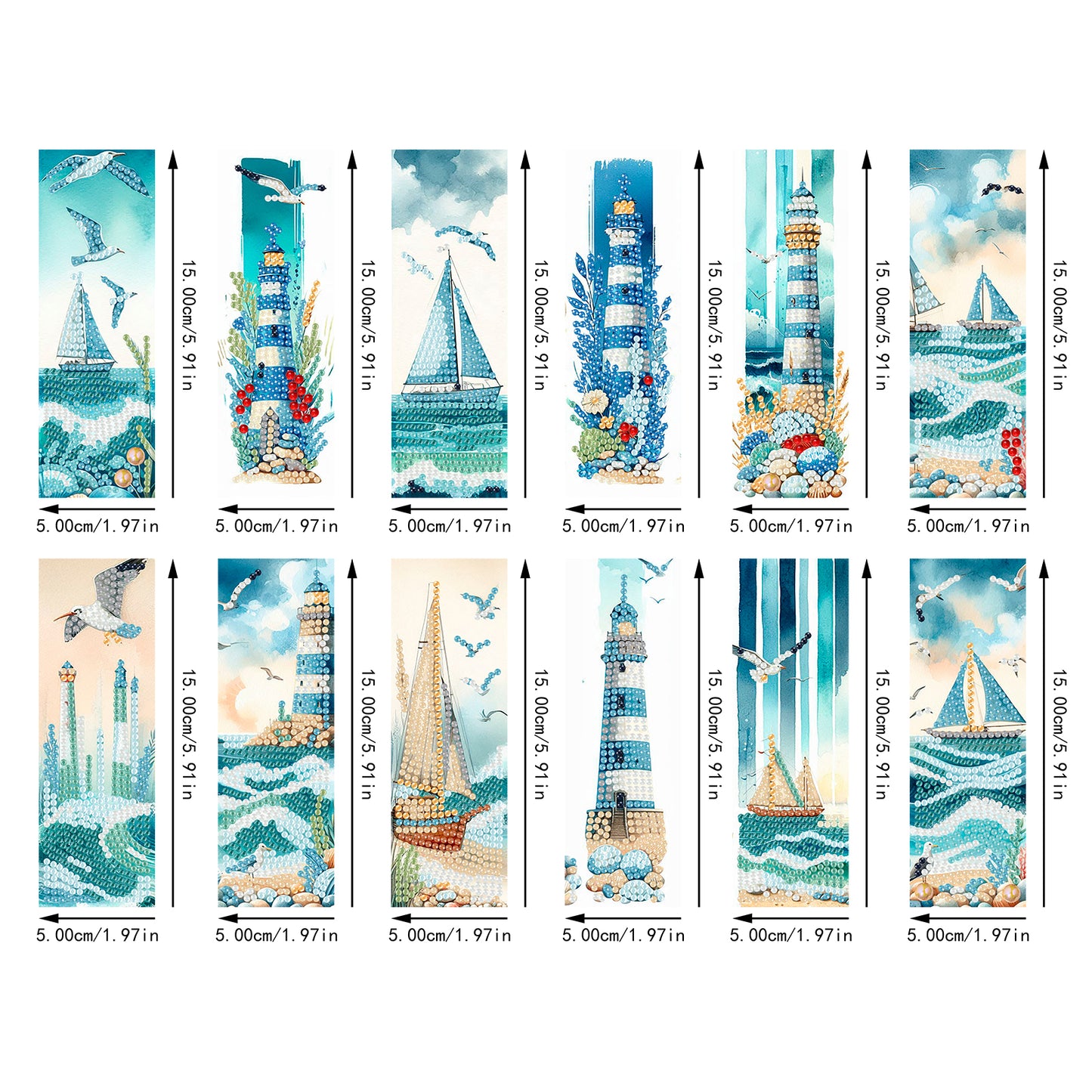 12Pcs Lighthouse Seaside Sailboat DIY Diamond Art Painting Bookmark for Beginner