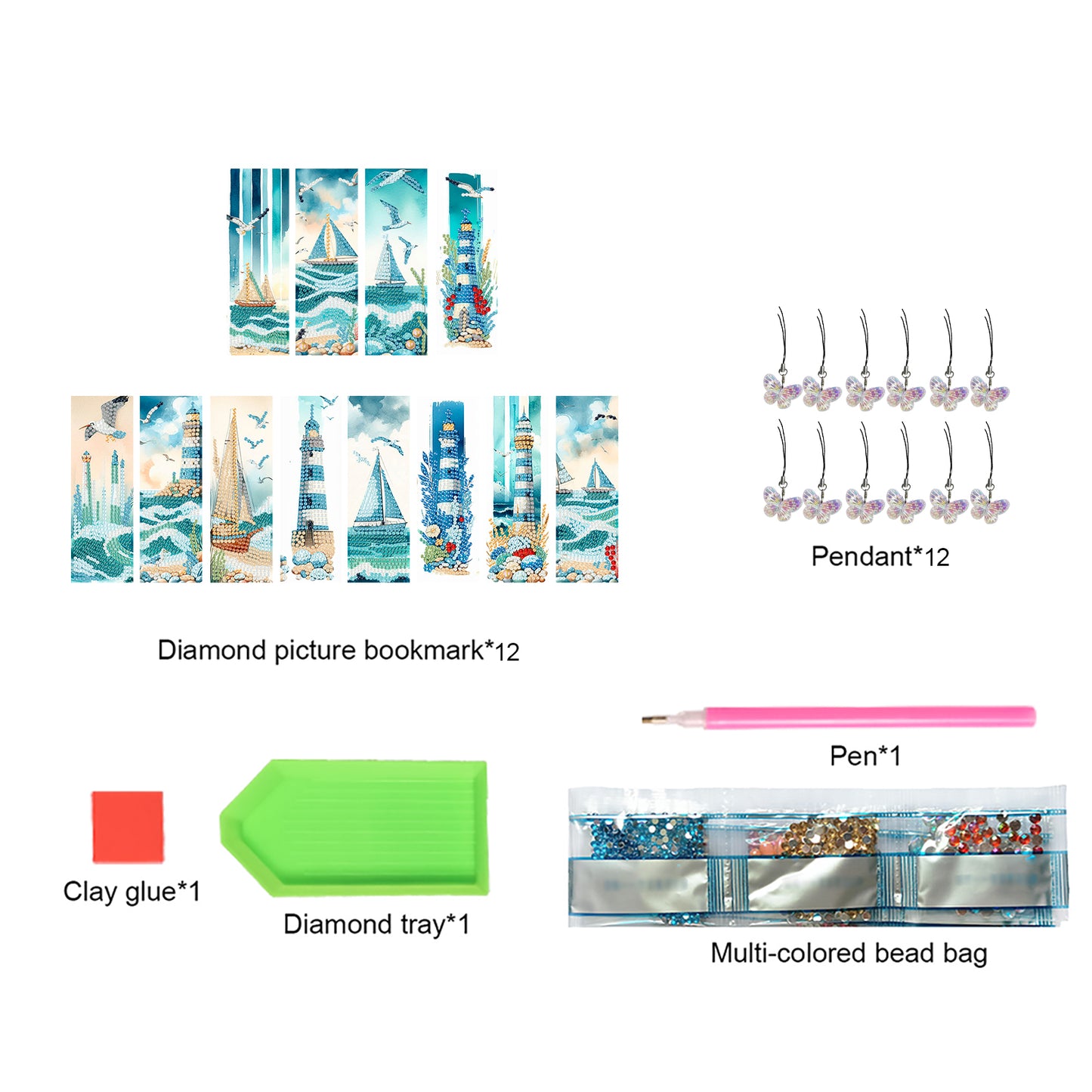 12Pcs Lighthouse Seaside Sailboat DIY Diamond Art Painting Bookmark for Beginner