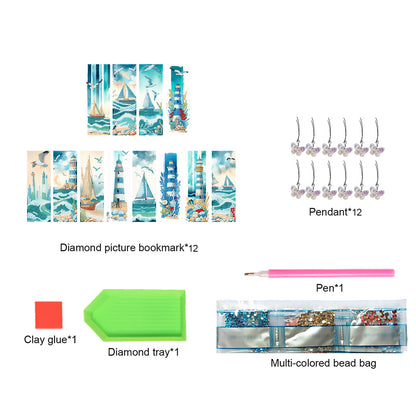 12Pcs Lighthouse Seaside Sailboat DIY Diamond Art Painting Bookmark for Beginner