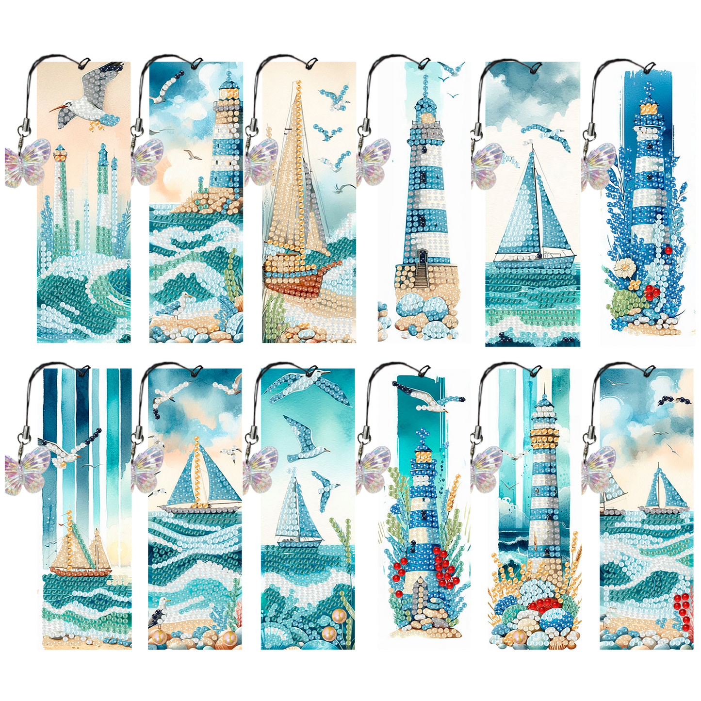 12Pcs Lighthouse Seaside Sailboat DIY Diamond Art Painting Bookmark for Beginner