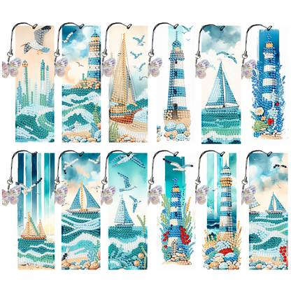 12Pcs Lighthouse Seaside Sailboat DIY Diamond Art Painting Bookmark for Beginner
